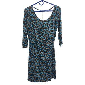 Zen Knits Faux Wrap Dress Medium Black Blue Abstract Artsy 3/4 Sleeve Office NWT